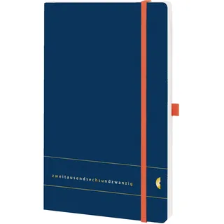 Chronoplan Buchkalender Kalendarium 2026 (Terminplaner A5 (135x210mm) mit Softcover, Wochenplaner, 1 Woche = 2 Seiten, mit Stiftschlaufe, Einmerkband, Gummiverschluss) Elementary, Dunkelblau