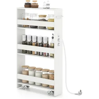 FANTASK Schmaler Nischenwagen 13cm, 4 Etagen Holz Badregal mit Ladestation, Servierwagen mit Griff & Geländern, Nischenregal auf Rollen für Küche & Badezimmer (Reines Weiß)