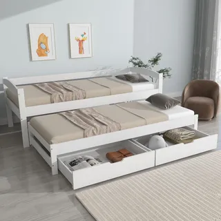 Flieks Tagesbett Daybed Jugendbett mit 2 Schubladen und Lattenrost, Massivholzbett Einzelbett Ausziehbar Kinerbett Gästebett , weiß - Weiß