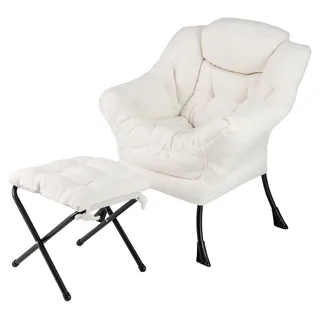 COSTWAY Sessel mit Hocker, Relaxsessel mit Armlehnen, Seitentasche & Fußstütze, Loungesessel, Fernsehsessel, gepolsterter Ohrensessel, Plüsch Beige - Beige