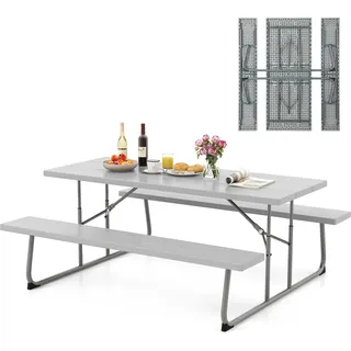 COSTWAY Bierzeltgarnitur klappbar, 183cm Biertischgarnitur mit HDPE-Tischplatte, Schirmloch & Metallrahmen, Sitzgarnitur in Holzoptik - Grau