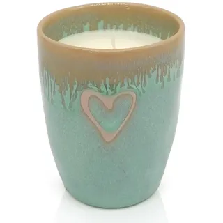 Mea-Living STONEWARE Kerze im Becher türkis Herz, handgemachtes Steingut, 280 ml, wunderschönes Geschirr mit Kerze