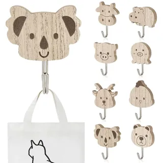 NUTKIT 8 Stück Kleiderhaken Kinder, Süße Tier Kleiderhaken, Tier-Wandhaken Aus Holz, Selbstklebende Haken für Dekor, Bad, Toilette Kinderzimmer, Kindergarderobe Haken für Jacken, Mäntel&Schals-Holz