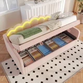 Schlafsofa - 90 x 200 cm , Rosa , Samt und MDF , LED-Beleuchtung , hydraulischer Bettkasten , Sofa und Gästebett für Wohn- und Gästezimmer - Rosa