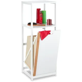 Relaxdays Badregal mit Wäschekorb, 2 offene Ablagen, kippbarer Wäschesammler, MDF & Bambus, HBT: 98x36x30 cm, weiß/natur