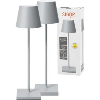 SIGOR Nuindie 2.0 Akku-Tischlampe, 2er-Set, nebelgrau | Dimmbar • Indoor & Outdoor • IP54 • 38 cm • USB-C • 12 h Leuchtdauer
