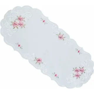 Tischdecke Tischtuch Stickerei Rosen Blüten Frühling Tischläufer Bogenrand 30 x 70 cm oval - Weiß