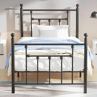 VECELO Metallbett 90 x 200 cm Bettrahmen mit Lattenrost und Hohem Kopfteil, Modern Gästebett Jugendbett, Einfacher Aufbau für Schlafzimmer Gästezimmer, Schwarz
