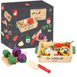 Janod Janod-Ratatouille-Spielset-32 Küchenzubehörteile-Rezept + Utensilien + Gemüse-Rollenspielzeug-Spielzeug aus FSC-Holz-Ab 3 Jahren, J06626, Mehrfarbig