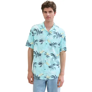 TOM TAILOR Herren Regular Fit Hemd mit Sommer-Allover-Print, turquois tropical leaf design, XXL