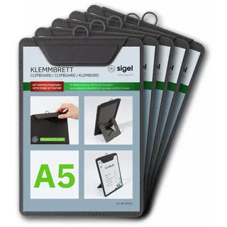 SIGEL KB111/5 Klemmbretter A5, anthrazit, mit Aufstellfunktion, 5er Pack, stabile, stylische Clipboards mit edler Leinenstruktur, strapazierfähig und leicht abwischbar, für Speisekarten
