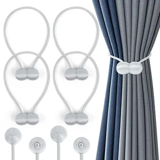 Romon Magnetische Vorhang Raffhalter, 4 Stück Vorhanghalter Seil,Duschvorhang Rückhalter, Starke langlebige Magnet Holdbacks Schnallenseil für Zuhause, Büro, Fenster Dekorativ,Hellgrau