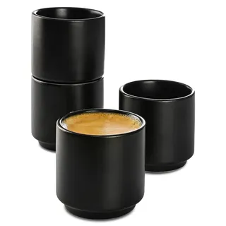 Cosumy Espressotassen Schwarz 4er Set aus Keramik - Stapelbares Design - Dickwandig - Spülmaschinenfest - 80 ml