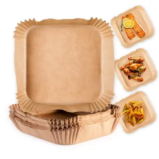 GOURMETmaxx Backpapier für Heißluftfritteuse 5 bis 8 Liter | Backpapierschale antihaftbeschichtet & ölbeständig | Airfryer Backpapier – flexible Form | 50 Stück – 23 x 23 x 4,5 cm