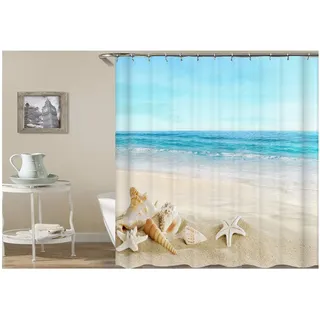 AMDXD Polyester Duschvorhang Strand Welle Stern Tritonshorn Design Badewanne Vorhang Bunt für Badezimmer Waschbar 165X180CM