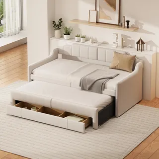 Merax Tagesbett 90x200cm mit 90x190cm Ausziehbett und Schublade, Erweiterbares Schlafsofa mit Lattenrost und Armlehnen, Leinen Polsterbett Kinderbett - Beige