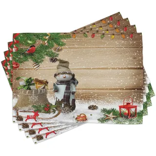 ABAKUHAUS Weihnachten Platzmatten, Schneemann im Garten, Waschbare Stoff Esszimmer Küche Tischdekorations Digitaldruck, Weiß Braun