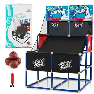 Kinder Arcade Basketballkorb mit Ständer, Basketballspiel-Set 2 Spieler, inkl. 2 Körben, 4 Bällen, Pumpe, Basketball Hoop für Indoor, Outdoor