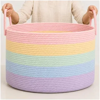 OrganiHaus Wäschekorb Kinderzimmer, Spielzeugkorb, Großer Geflochtener korb Mit Griff, Faltbar & Stabiler, Aufbewahrungskorb Kinder Für Decken, Spielzeug & Kleidung, Regenbogen Design - 50x33cm