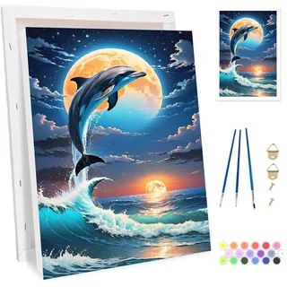 Bowetile Delfin Malen Nach Zahlen mit Rahmen für Erwachsene, Landschaft Zahlenmalerei Set mit Holzstaffelei Anfänger Leinwand Kit, Gemäide Bastelset auf Leinwand für Home Decor 20x30cm