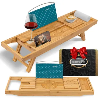 SereneLife Badewannenablage aus Bambus ausziehbar bis 43 cm – Faltbares Badewannenbrett mit weicher Tablet- & Buchstütze, Weinhalter, rutschfest, Wellness Geschenk, Natural Color