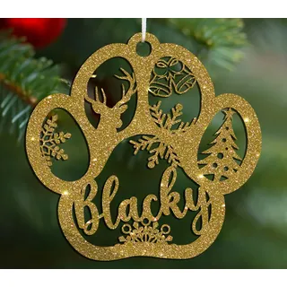 Personalisierte Weihnachtskugel mit dem Namen von Hund, Katze, Tier oder ausgewähltem Text, Durchmesser 10 cm, Weihnachtskugeln, individuelle Weihnachtsdekorationen (Pfote, Glitzer-Plexiglas)