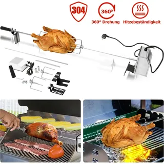 Jopassy Grillspieß Elektrischer, 107cm universal Edelstahl Drehspieß mit 2X Fleischnadeln, Motor, Grillspieß für BBQ Grill Gasgrill, Rotisserie Set 220-240V