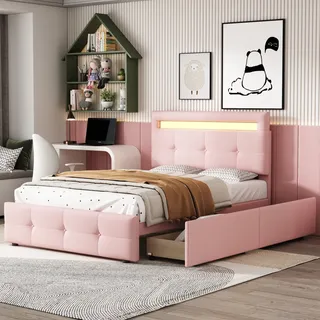 Sweiko Polsterbett, Verstellbares Kopfteil mit LED-Licht, Einzelbett mit 2 Schubladen, Leinen, 90*200cm - Rosa