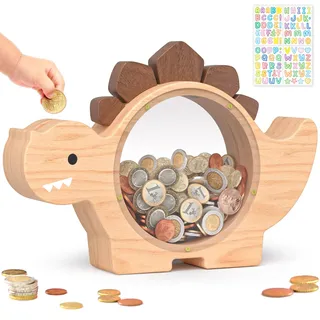 Summidate Holz-Dinosaurier-Sparschwein für Kinder und Jungen, niedliche Holz-Dino-Spardose für Kleinkinder, kreatives Spar-Münzglas, personalisiertes Geschenk für Kindergeburtstage und Dekoration