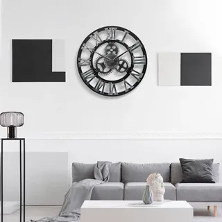 Lafocuse Holz Wanduhr Groß Industrial Silber, Lautlos Wanduhr Vintage 60cm XXL, Zahnrad Römische Ziffern Steampunk Gross für Wohnzimmer Küche