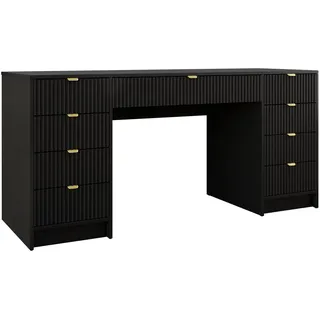 Mirjan24 Schreibtisch Tireno Bis, Schlafzimmer Kosmetiktisch mit neun Schubladen, Goldfarben Aluminiumgriffe (Farbe: Schwarz Molet) - Schwarz