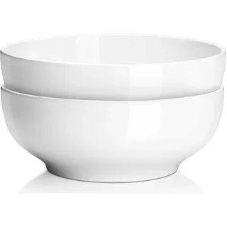 DOWAN Servierschale Porzellan 2,65 L – 2er Set Große Schüsseln, Salatschüssel & Suppenschale, Keramik Ramen Bowl, Mikrowellen- & Spülmaschinenfest, Soft White