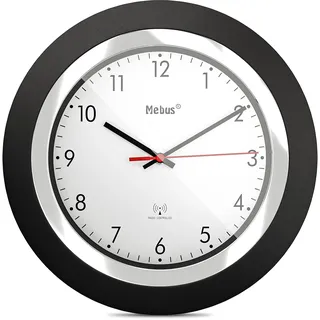 MEBUS Funk-Wanduhr/klassisches Model/schwarzer Rahmen/weißes Zifferblatt / 24cm Durchmesser/Rund/Funkuhr (DCF77) / Modell: 19451 / Farbe: Schwarz, Weiß