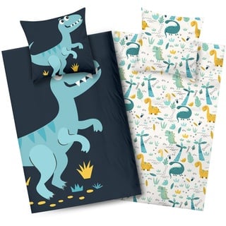 Aminata kids Dino Bettwäsche 135x200 Jungen Baumwolle Dinosaurier-Dino-Motiv Kinder-Bettwäsche-Wende-Set T-Rex | mit Reißverschluss blau - 2tlg