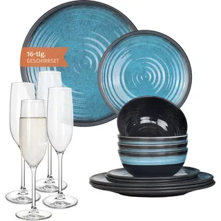 Melamin Camping Geschirr Set 4 Personen Stone Blue + 4 Tiamo Champgner Gläser Flûtes Tafelgeschirr Picknick BBQ Kochgeschirr