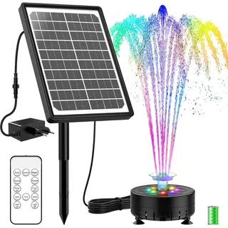 SUJFEE 10W Buntes LED Solar Springbrunnen für Außen mit 3000mAh Akku, Solarbrunnen mit Pfähle und Fernbedienung, DIY Solar Teichpumpe mit 21 Effekte, Solar Wasserpumpe für Garten,Wasserspiel, Teich