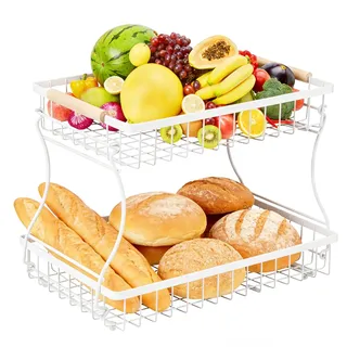 VINATO Obstkorb, Obst Etagere 2 Stöckig mit Holzgriffen für Küche, Bad & Mehr – Obstständer, Gemüse & Küchenorganisation,Organizer Snack