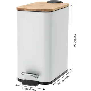 Pedaleimer - Abfalleimer 5 l - Rechteckig - Fußpedal - Eisen/Kunststoff/Bambus - Für Bad und Küche - Weiß