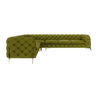 s-style möbel - Chesterfield Ecksofa Nova mit Goldene Metall Füßen aus Olive Samtstoff, B/T/H: 323 cm/ 323 cm/ 75 cm - Olive
