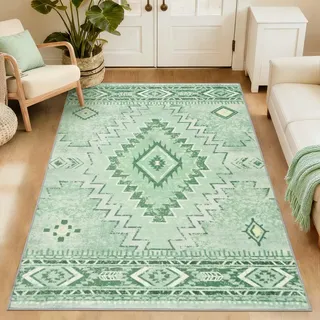 Alishomtll Teppich Läufer, Vintage Geometrisch Teppich Grün 80x150 cm | Rutschfest Kurzflor Küchenteppich, Weich Waschbar Flurläufer für Wohnzimmer Schlafzimmer Arbeitszimmer Küche Eingang