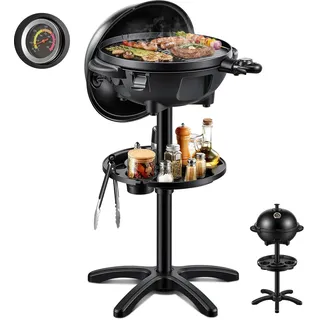 FOHERE 2400W Elektrischer Elektrogrill 2in1 Tischgrill - Standgrill mit Thermostat, Grillplatte mit keramischer Beschichtung, Innen- & Außennutzung, Balkon & Küche, Grillfläche Ø 41 cm, Schwarz