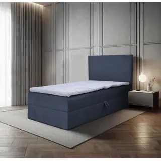 Bett, Boxspringbett, Continentalbett BERG POSO MINI mit Bonell Matratze, Einzelbett mit Container, H3 (100x200 cm, Dunkelblau - Poso 05, Topper T25) - Dunkelblau