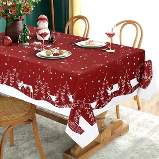 Yrendenge Weihnachtstischdecke Rot Tischdecke Abwaschbar Outdoor Tischtuch Quadratisch wasserdichte, Cartoon Häuser Baum Elch Tablecloth für Winter Ferien Wohnkultur, 140 x 140 cm