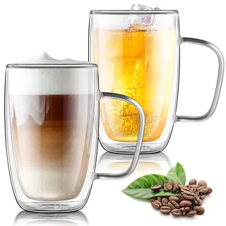 Joeyan 2er Set Doppelwandige Latte Macchiato Gläser 500ml,Groß Doppelwandglas aus Borosilikatglas,Kaffeegläser mit Griff,Hitzebeständiges Teegläser,Thermoglas,Espressotassen,für Cappuccino,EIS,Bier
