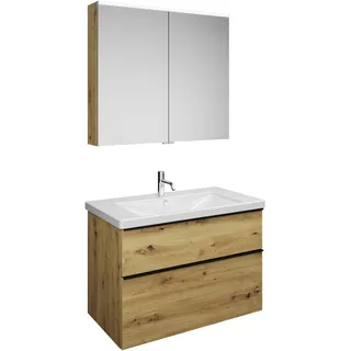 burgbad Eqio Set, bestehend aus Spiegelschrank, Keramik-Waschtisch und Waschtischunterschrank, Breite 930mm, SFAN093F5662C0001G0252, Farbe: Eiche Dekor Urban / Eiche Dekor Urban, Griffleiste Schwarz