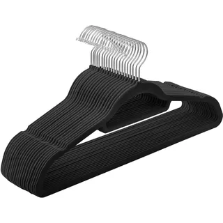 SONGMICS Kleiderbügel Samt, 20er Set, Bügel, rutschfest, kleine Stange für Krawatten, 360° drehbarer Haken, 0,6 cm dick, platzsparend, 43,5 cm lang, für Mäntel, Hosen, Silber-Schwarz CRF20B