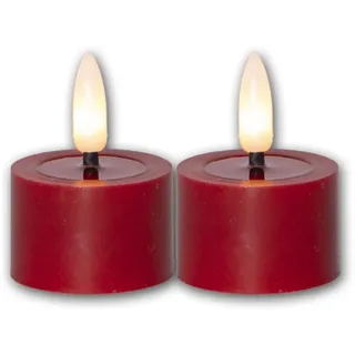 Star Trading 060-02 LED-Echtwachs-Kerze Flamme Flow, 2er Set rot, Wachsspiegeloptik, je 4 x 5 cm, naturgetreue Flamme, inkl. Batterie, Timer, Vierfarb-Karton