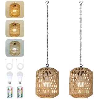 Rayofly 2 Stücke Akku Pendelleuchte Innen, Boho Hängelampe mit Batterie, Rattan Hängeleuchte ohne Stromanschluss, Außen Gartenleuchten mit Glühbirne & Fernbedienung, Outdoor Lampe für Terrasse Balkon