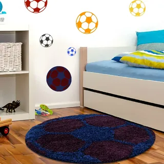 Muratap Teppich Fußball Blau Violett - Kinderteppich für Spielzimmer Kinderzimmer Jugendzimmer Jungen, Mädchen Sport Dekoration - Große: 120 cm - Rund