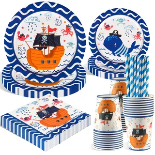 WenmthG 100 PCS Piraten Partygeschirr Set - Piraten Deko Kindergeburtstag - Piraten Geburtstag Deko für Jungen Madchen - Kindergeburtstag Deko mit Pappteller, Servietten... für 20 Gäste